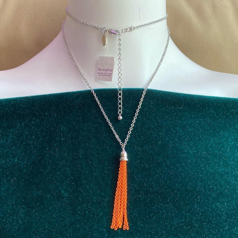 Lia Sophia orange chain tassel on silver chain necklace